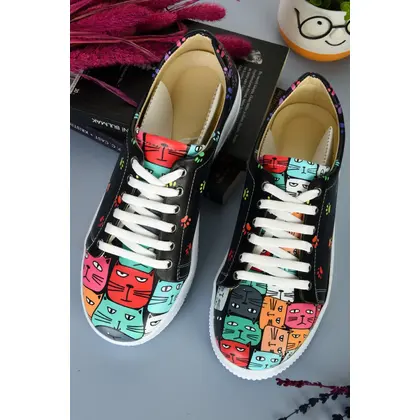 6050 Renkli Kedi Desen Özel Tasarım Kadın Sneakers