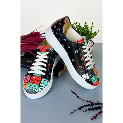 6050 Renkli Kedi Desen Özel Tasarım Kadın Sneakers