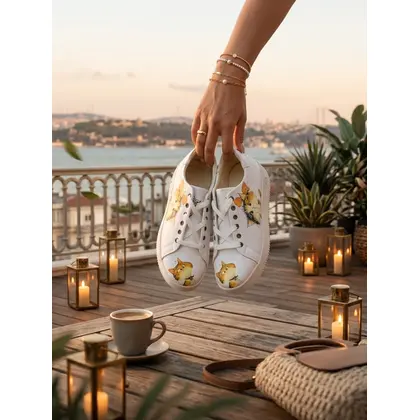 888 Kedi Baskılı Beyaz Renkli Sneaker